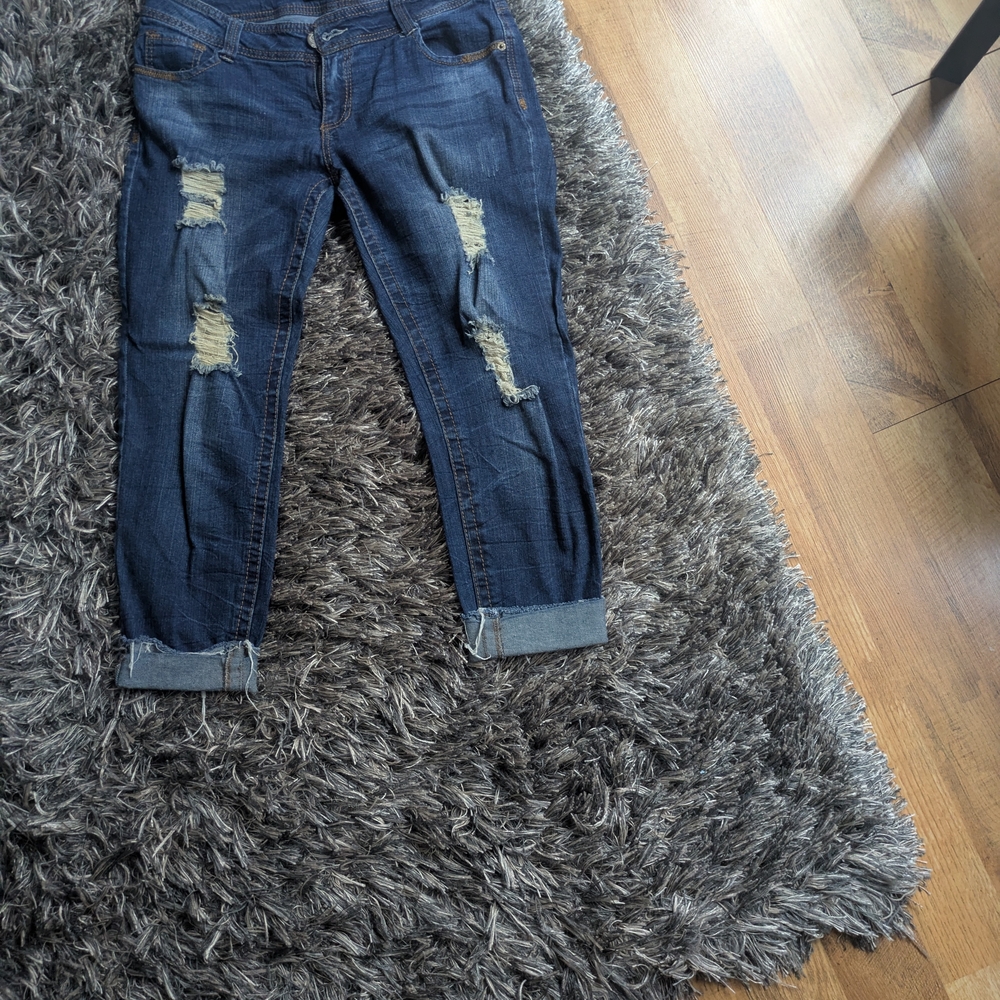 Forever 21 Dark Indigo Distressed Boyfriend Jeans